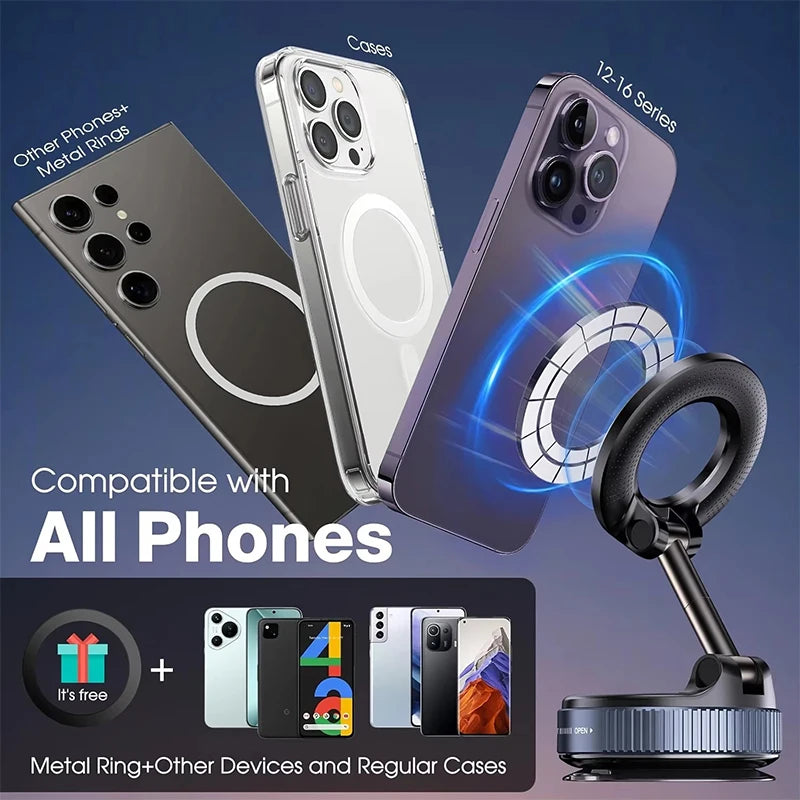 Magnetic Car Phone Mount 360° Rotation Vacuum Suction Holder for Dashboard, Windshield & Desk – Universal Phone Stand