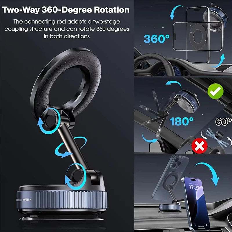 Magnetic Car Phone Mount 360° Rotation Vacuum Suction Holder for Dashboard, Windshield & Desk – Universal Phone Stand